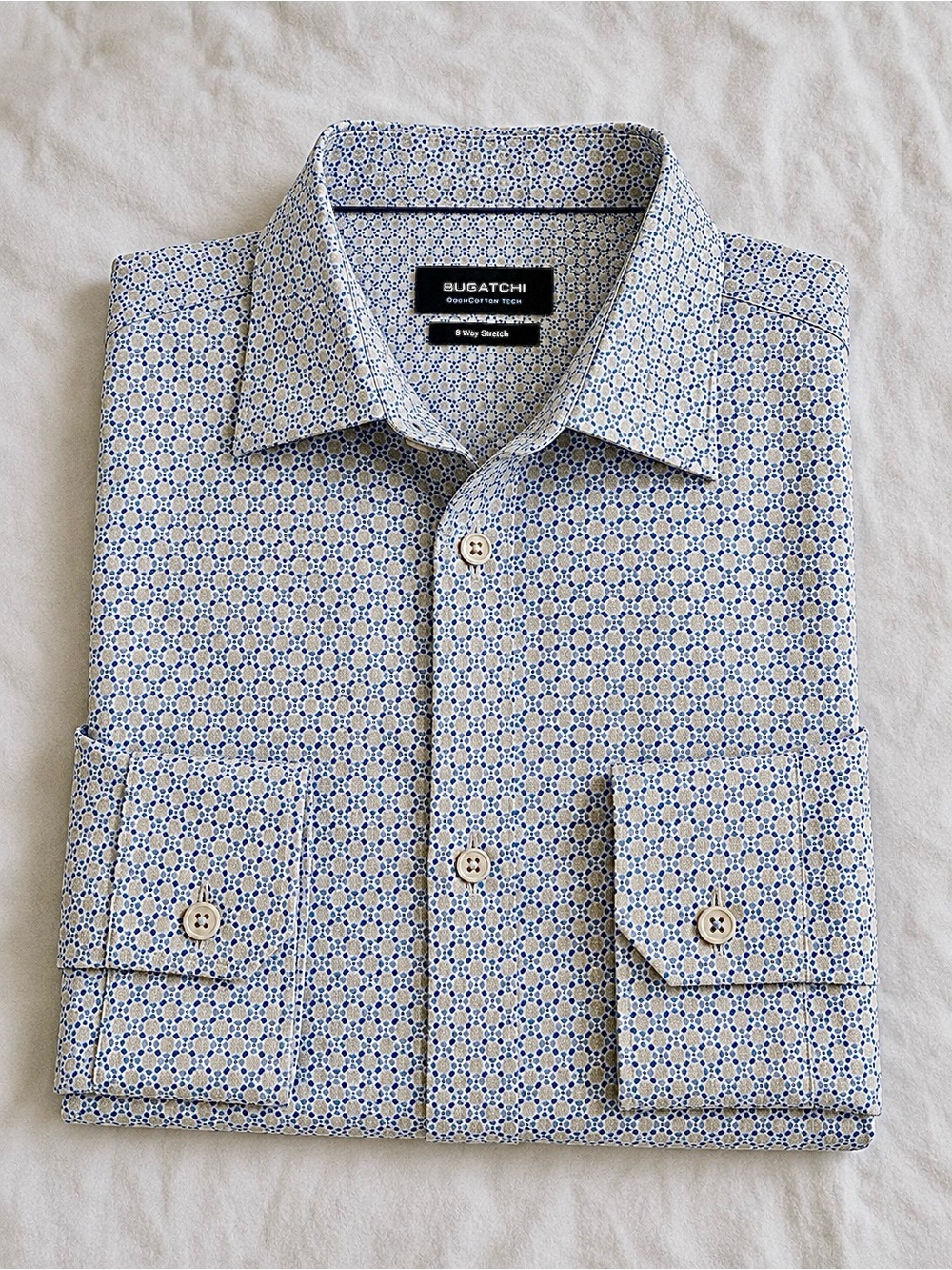 BUGATCHI Men’s Blue Geometric Print Button-Down Shirt – Pre-Owned (L)